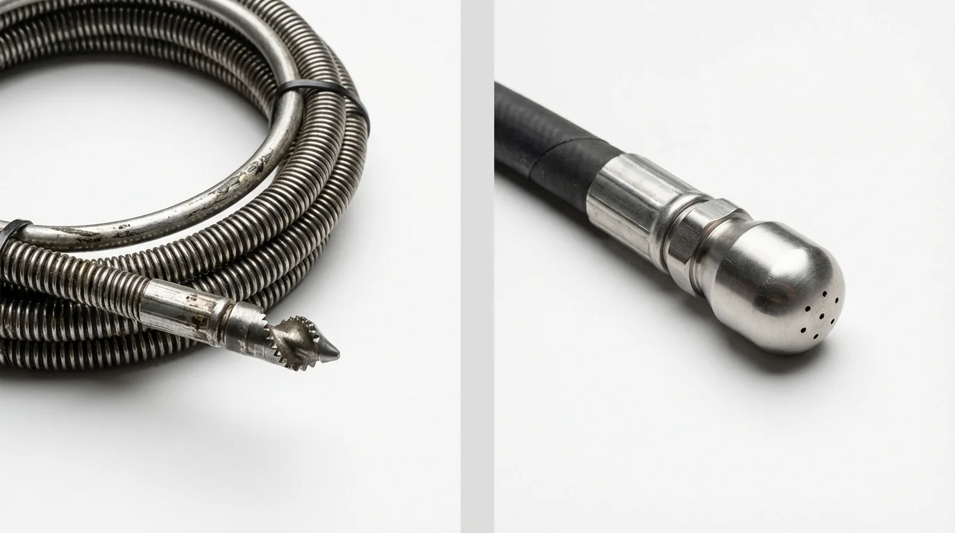 Drain snake cable and hydro jetting nozzle used for drain cleaning in Garner, NC