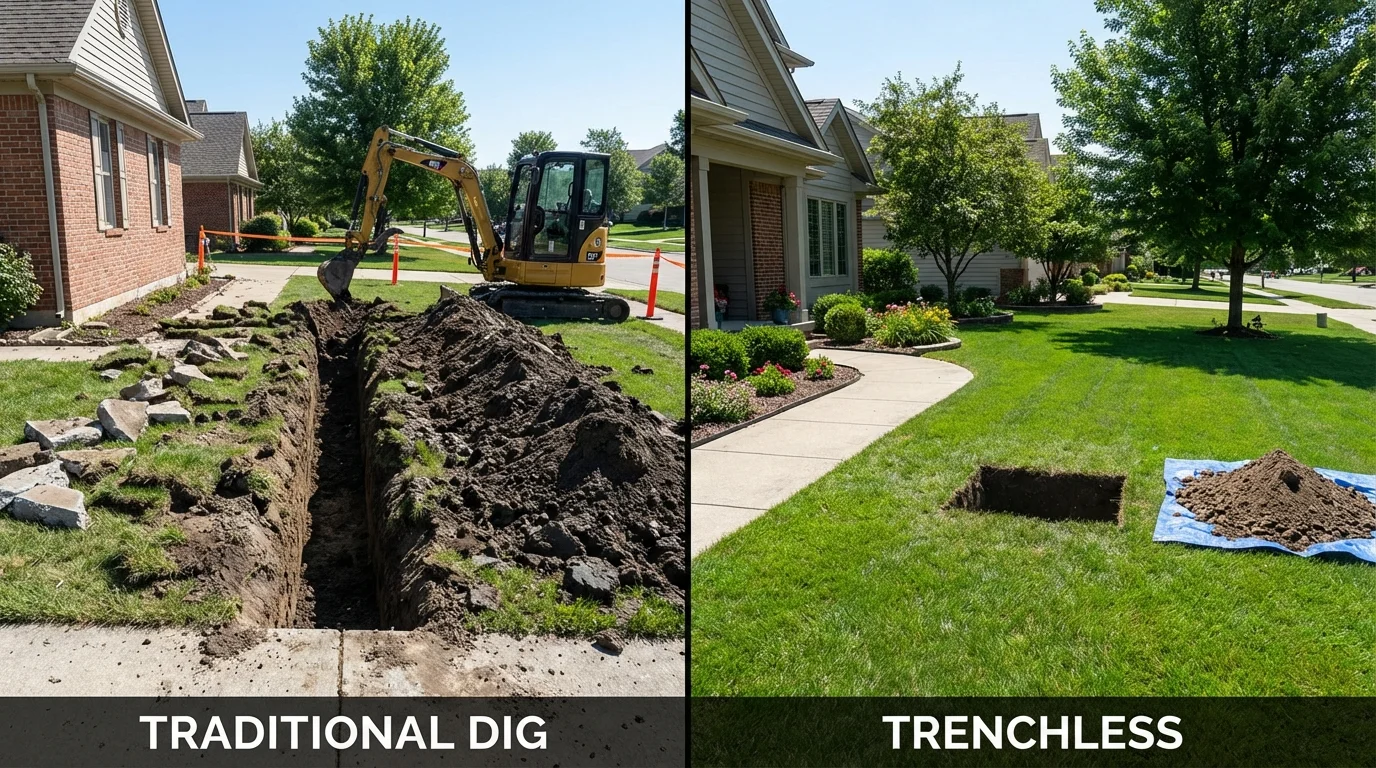 Trenchless sewer repair with minimal yard damage versus traditional excavation in Garner, NC